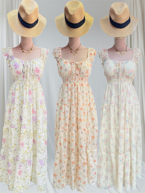 Spring Floral Print Sleeveless Ruched Tie Neckline Tiered Sundresses